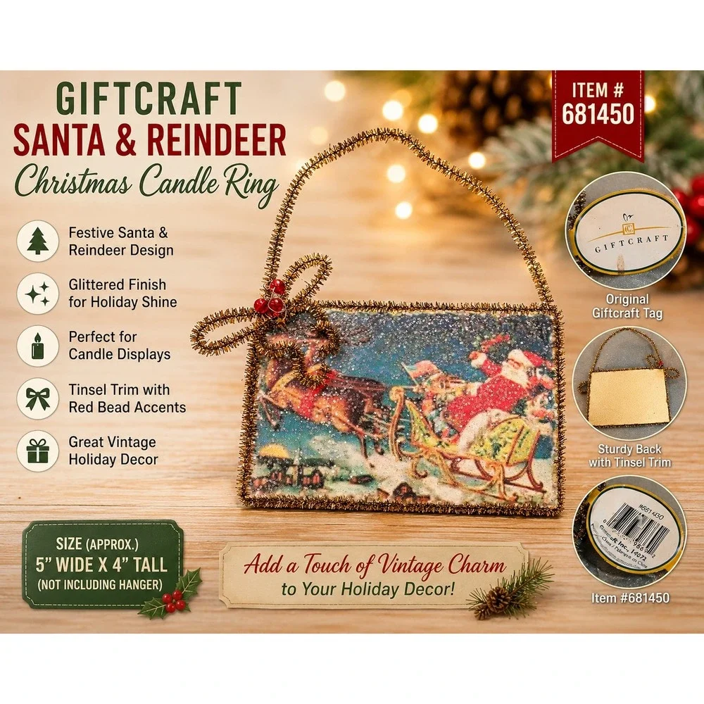 Giftcraft Santa & Reindeer Christmas Candle Ring Ornament Vintage Style 681450